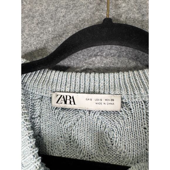 Zara Blouse Women Small‎ Blue Knit Crewneck Cropped Short Sleeve Boho Preppy - Picture 2 of 7